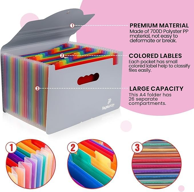 Plastic Accordion File Organizer, 26 Pockets Expandable File Folder Organizer, A4 Letter Size Filing Organizer with Colorful Tabs, Elastic Cord, 60 Paper Clip, Label & Stickers for Office School Home