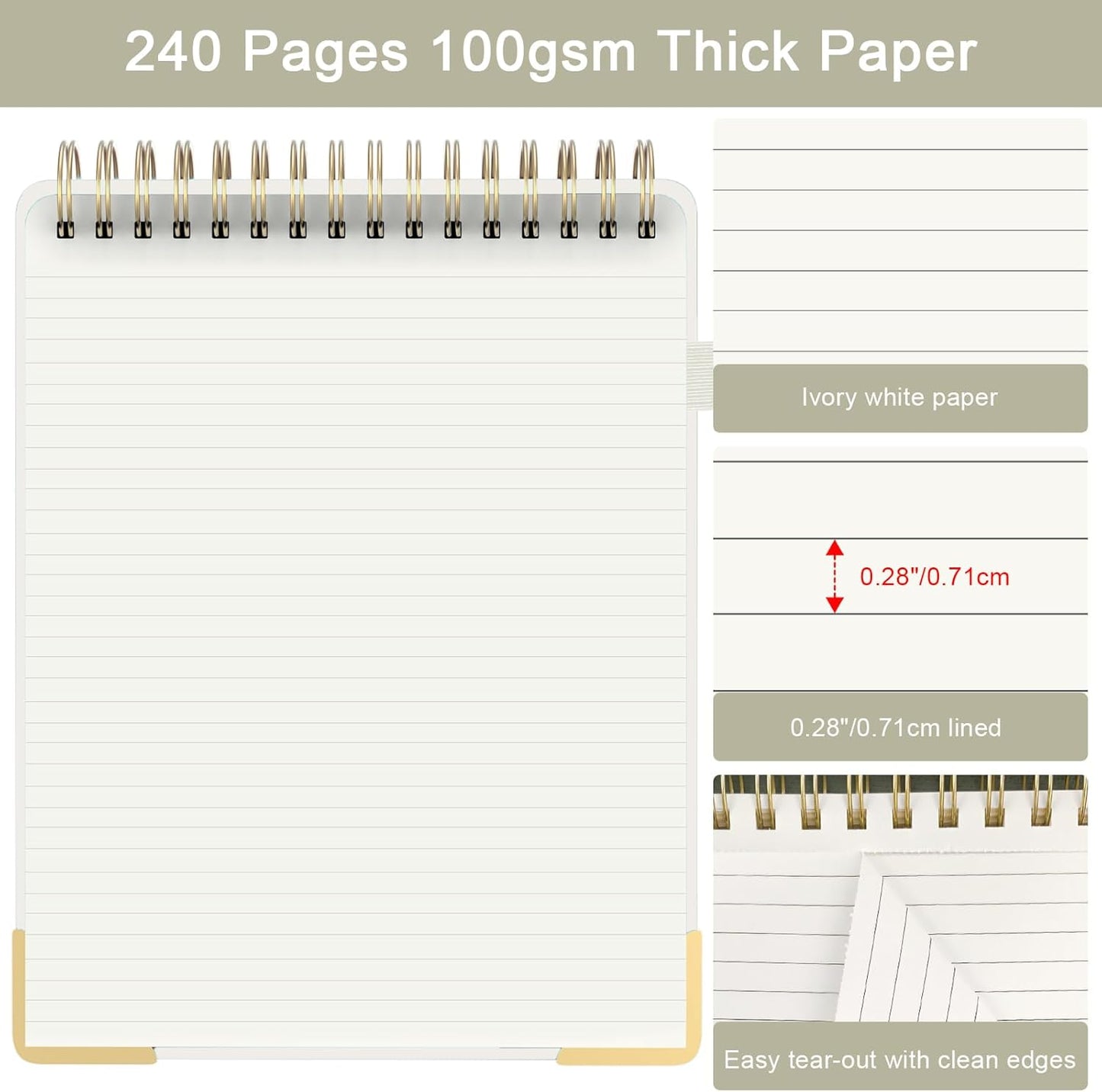 Mousbull Top Spiral Notebook, A4 Hardcover Top Bound Steno Pads, 240 Pages 100gsm College Ruled Left Handed Notebook Journal for Work, School, Meeting Writing - Beige, 8.5" x 11"