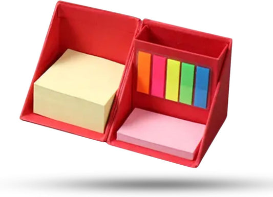 Sticky Notes Organizer Cube with Pen Holder, 3-in-1 Multi-Size Memo Pad Set, Transparent & Colorful Post It Notes, Fun Sticky Pads, Portable Fun Teacher Supplies, for Home, School, Office Desk (Red)