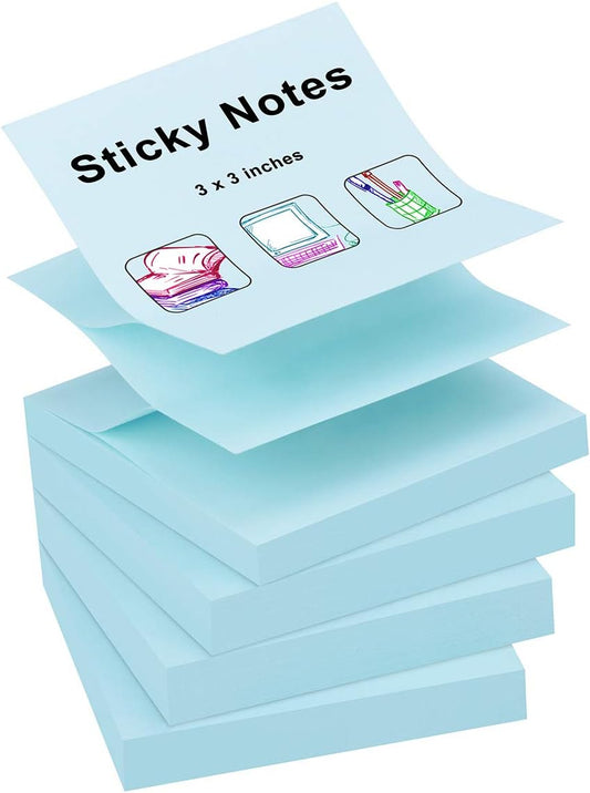 ZCZN 400 Sheets Pop-up Sticky Notes, 3 x 3 Inches, 4 Pads Bright Color Self-Stick Notes, 100 Sheets/Pad, Light Blue