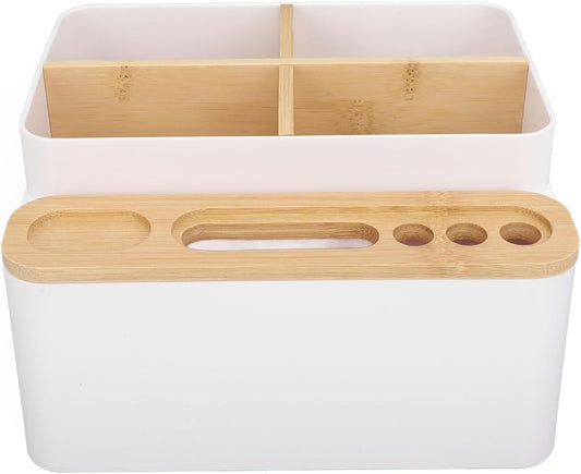Eujgoov Multi Compartment Desk Organizer Bamboo and PS Storage Caddy for Pens and Electronics for Home Office and Classroom