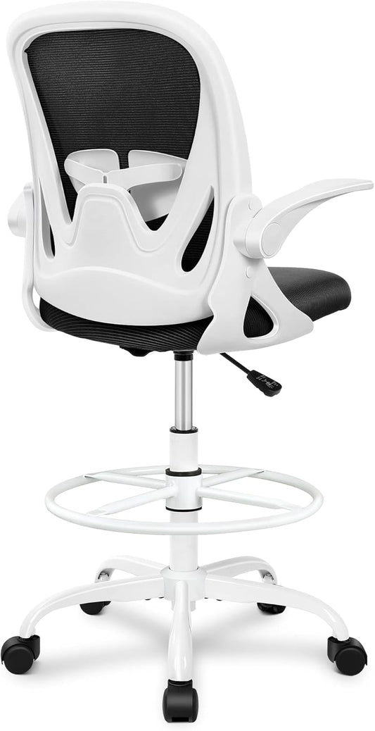 Primy Ergonomic Drafting Chair with Flip-up Armrests Tall Office Chair for Standing Desk Comfortable Desk Chair with Adjustable Footrest Ring and Lumbar Support in Gray Perfect for Home (White)