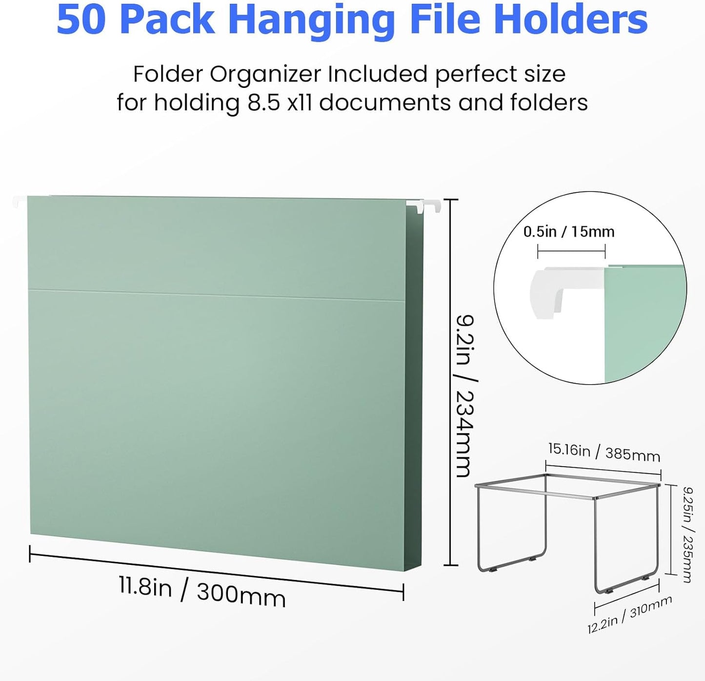 Hanging File Folders Letter Size, Metal File Frame with 50 Pcs Colored Hanging File Folders, No Extension 1/5-Cut Tabs File Organizer Includes Hanging Folders for Desk Office Filing Cabinet
