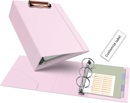 Ospelelf Mini 3 Ring Binder 5.5" x 8.5", 2 Inch Clipboard Binder with Dividers, Professional Leather Binders Organizer for Office, School, Pink