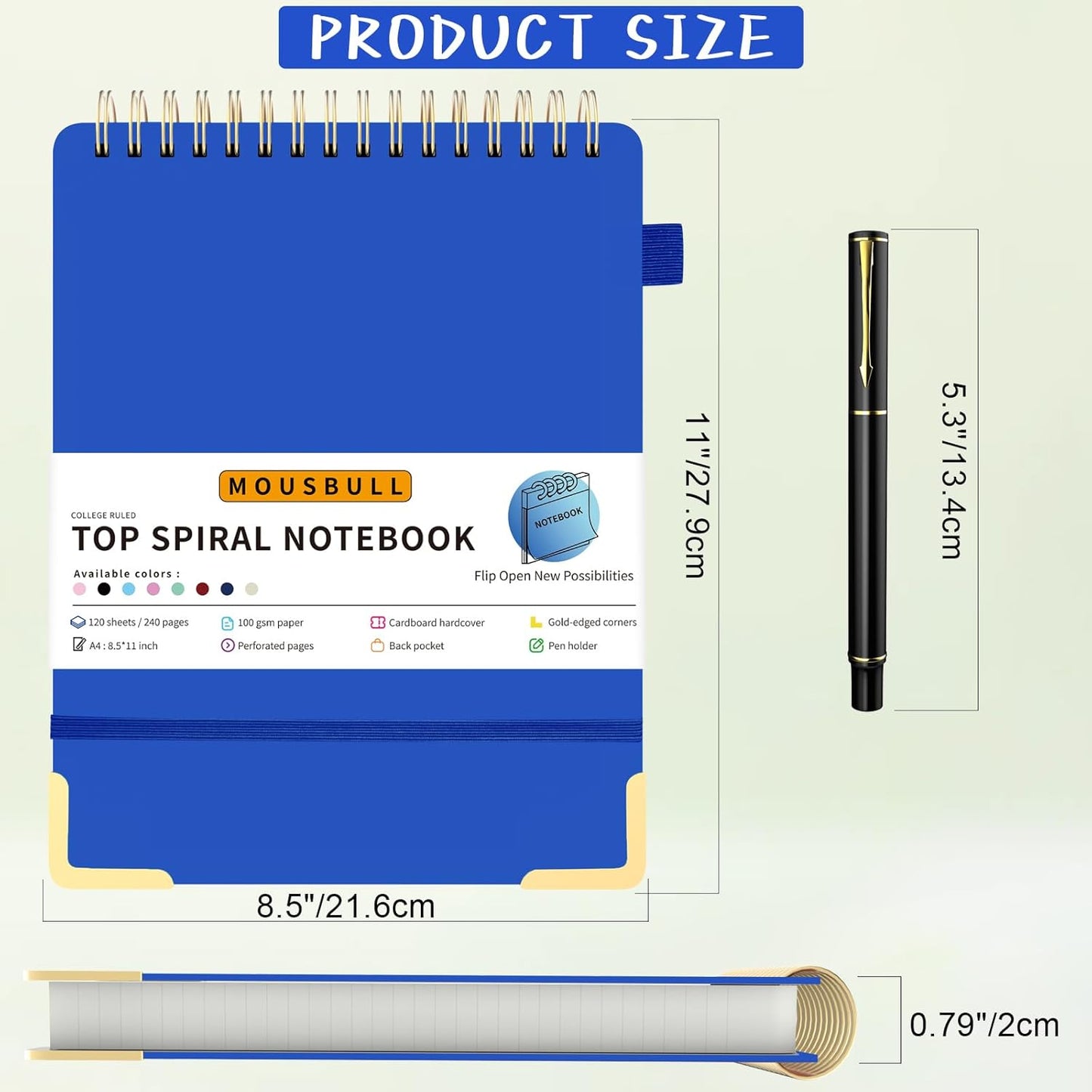Mousbull Top Spiral Notebook, A4 Hardcover Top Bound Steno Pads, 240 Pages 100gsm College Ruled Left Handed Notebook Journal for Work, School, Meeting Writing - Navy Blue, 8.5" x 11"