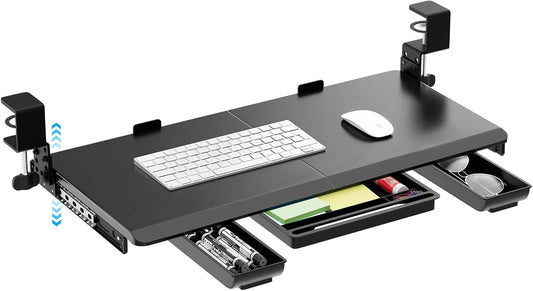 Large Height Adjustable Keyboard Tray with Sturdy C-Clamp Mount and Storage Drawer, 27"(31" Including Clamps) x 12" Slide Out Ergonomic Keyboard Trays for Home and Office, Black