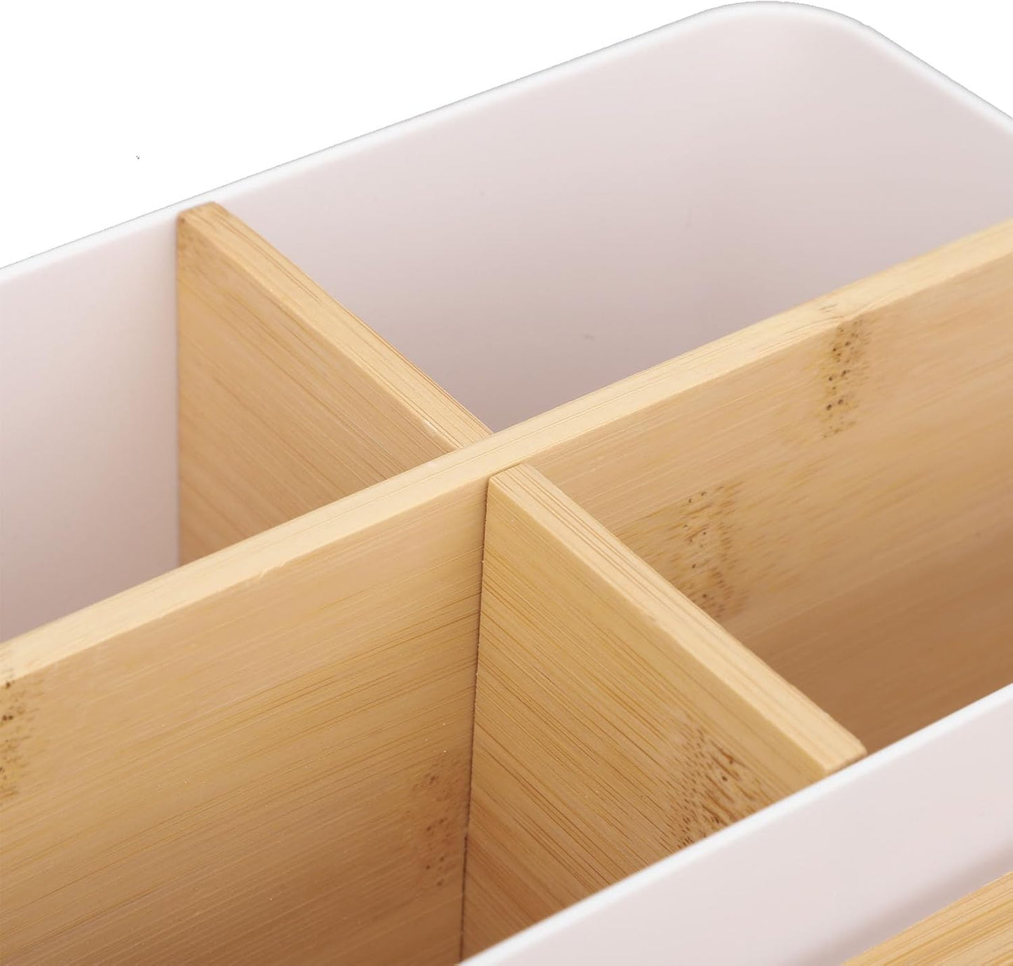 Eujgoov Multi Compartment Desk Organizer Bamboo and PS Storage Caddy for Pens and Electronics for Home Office and Classroom