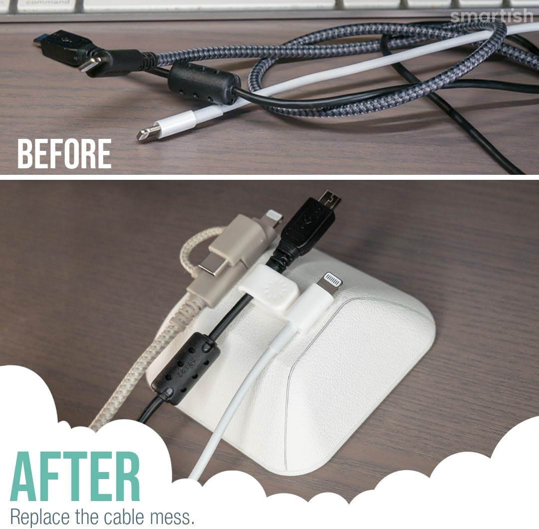 Smartish® Magnetic Cord Holder - Cable Wrangler Organizer Stocking Stuffer with Magnet Clips for Charger Management on Desktop, Nightstand for USB-C + Lightning - Snow Day White