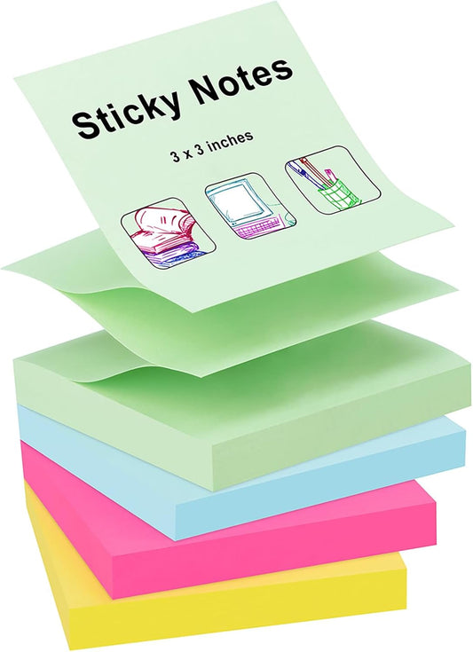 ZCZN 400 Sheets Pop-up Sticky Notes, 3 x 3 Inches, 4 Pads Assorted Color Self-Stick Notes, 100 Sheets/Pad, (Rose Red, Light Green, Yellow, Light Blue)