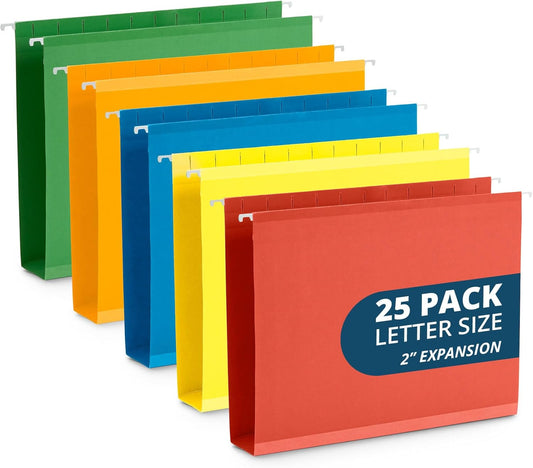 Blue Summit Supplies 25 Extra Capacity Hanging File Folders Letter Size 2 Inch Expansion, Expanding Hanging File Folders, Wide, Expandable, Reinforced 12pt Paper, Assorted Colors