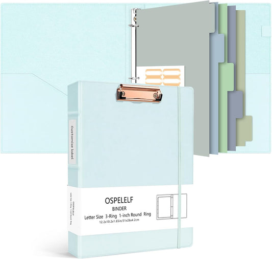 Ospelelf 3 Ring Binder 1 Inch Vintage Hardcover, Leather Organizer for Letter Size, Professional Clipboard with Dividers and Tabs, Blue