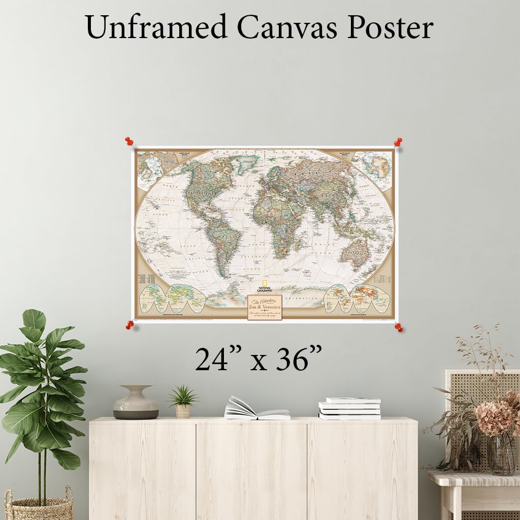 Personalized Canvas Rolled Poster World Map Wall Art with Pins – Large 24" x 36" Executive Map of the World – Push Pin Travel Decor for Home or Office