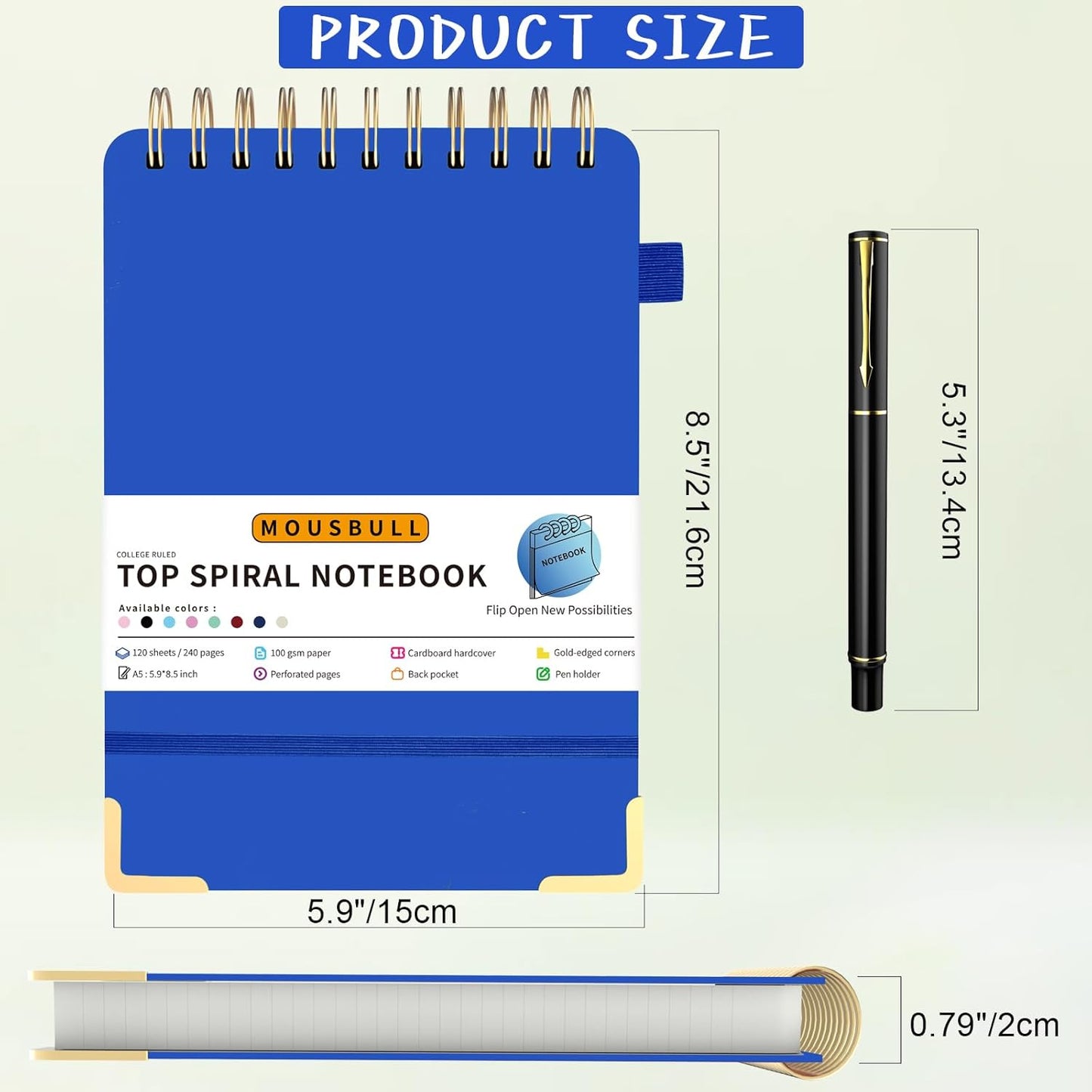 Mousbull Top Spiral Notebook, A5 Hardcover Top Bound Steno Pads, 240 Pages 100gsm College Ruled Left Handed Notebook Journal for Work, School, Meeting Writing - Navy Blue, 5.9" x 8.5"