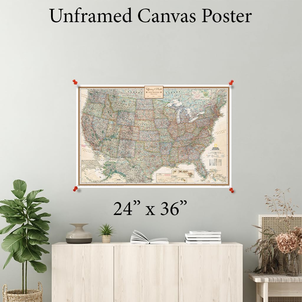 Personalized Canvas Rolled Poster USA Map Wall Art with Pins – Large 24" x 36" Executive Map of the USA – Push Pin Travel Decor for Home or Office