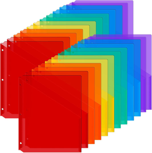 Maitys 30 Pack Binder Pockets 3 Hole Punch Clear Plastic Document Folders Binder Organizer Store Letter Size 8.5x11 Inch Paper Folders with Pockets Slash File Jacket for Office (Rainbow Color)
