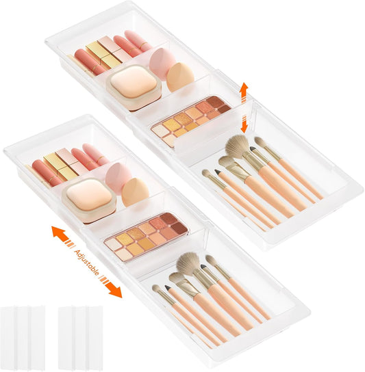 Lifewit 2 Pack Sliding Makeup Drawer Organizer Trays with Inserts, Extendable Hanging Desk Drawer Divider, Fits 13-20" Deep Drawers for Vanity, Office, Kitchen, Translucent