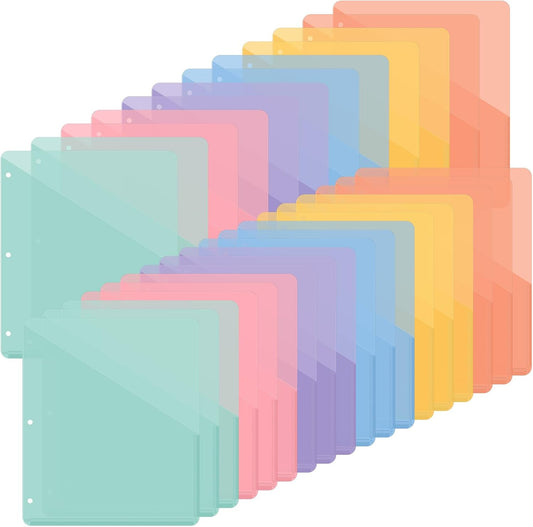 Maitys 30 Pack Binder Pockets 3 Hole Punch Clear Plastic Document Folders Binder Organizer Store Letter Size 8.5x11 Inch Paper Folders with Pockets Slash File Jacket for Office (Light Color)