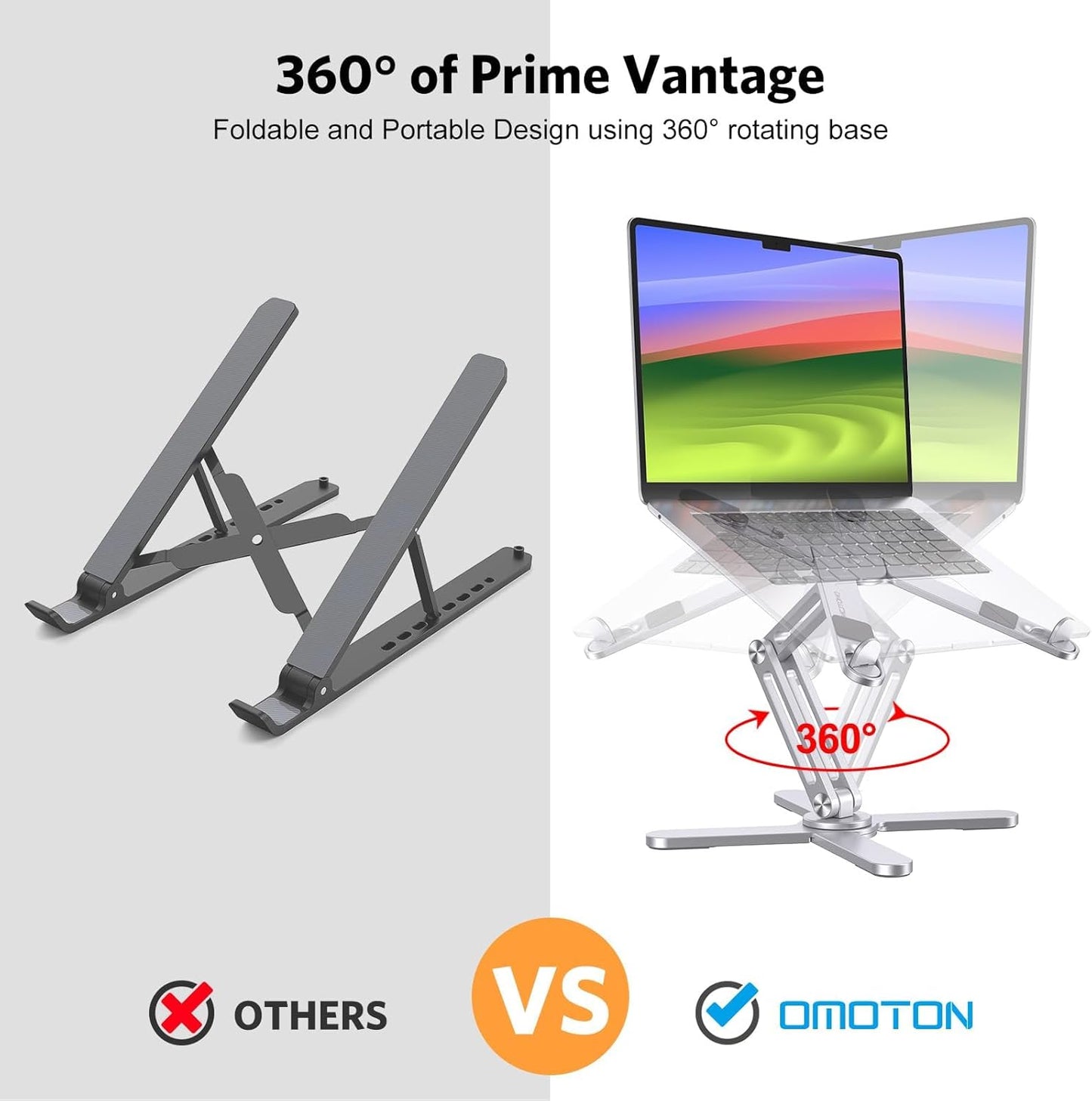 OMOTON 360° Rotating Laptop Stand Riser for Desk, Ergonomic Foldable Computer Stand Adjustable Height Angles for Collaborative Work, Easy Storage Fit Macbooks,All Laptops up to 16 inches, Silver