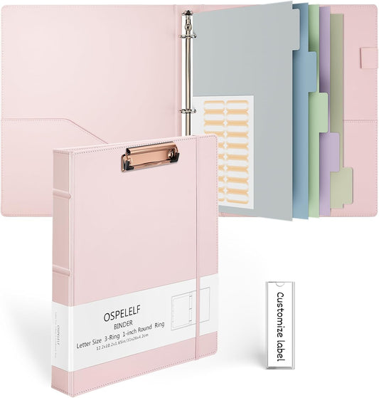 Ospelelf Vintage Hardcover 3 Ring 1 inch Leather Binder, Professional Binder Organizer Suitable for Letter Size, Binder Dividers with Tabs, Clipboard Design, Faux Rose Pink Leather