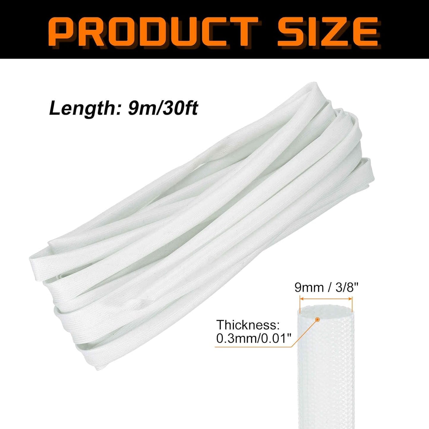 MECCANIXITY 30ft Braided Cable Sleeve, 3/8" ID 200C High Temperature 1500V Fiberglass Wire Insulation Cord Protector Organizer Wires Management for Motor Engine Fuel Line, White