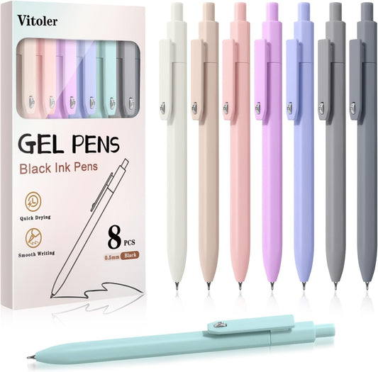 Gel Pens,8pcs Fine Point Smooth Writing Black Ink Retractable Journaling Pens Ballpoint, Quick-Dry Cute Fidget Pens for School Supplies Office Desk Accessories
