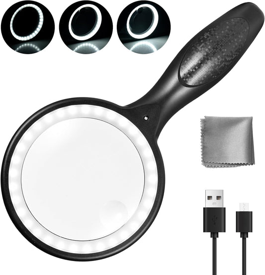 Gayrrnel Magnifying Glass with Light, 33 LEDs 30X Magnifying Glass for Reading Lighted - USB Rechargeable Magnifying Glass Magnifier Magnifier with Light, Black