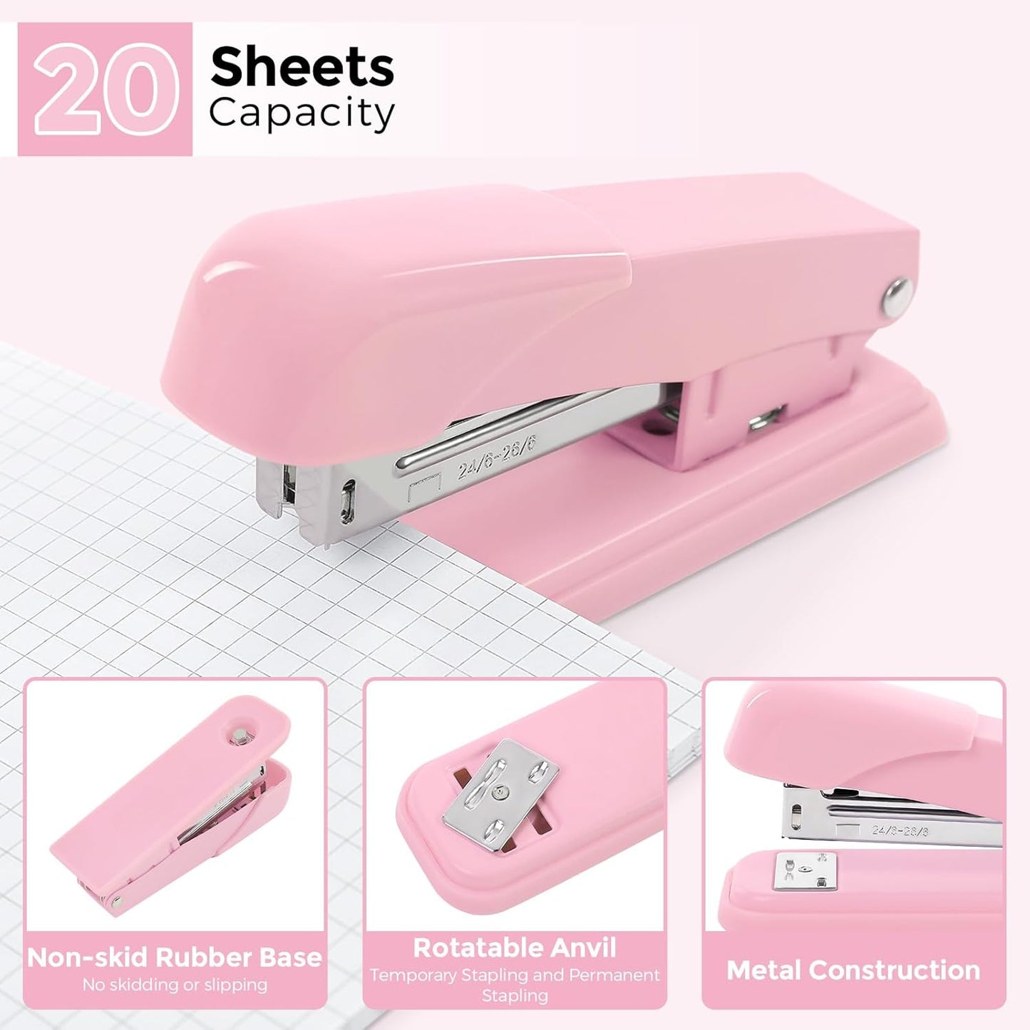 SKYDUE Pink Office Supplies Set, Pencil Holder for Desk,Gel Pen, Stapler, Tape Dispenser, Scissors,Clips and 1000pcs Staples, Office Decor for Women, Pink Desk Accessories