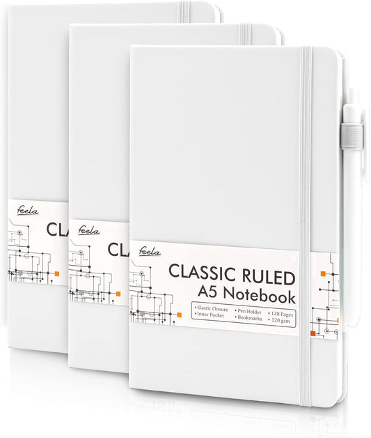 feela 3 Pack Notebooks Journals Bulk, Hardcover Notebook Classic Ruled Lined Journals with Pen Holder for Women Girls School Business Supplies, with 3 Black Pens, 120 GSM, 5.1”x8.3”, A5, White