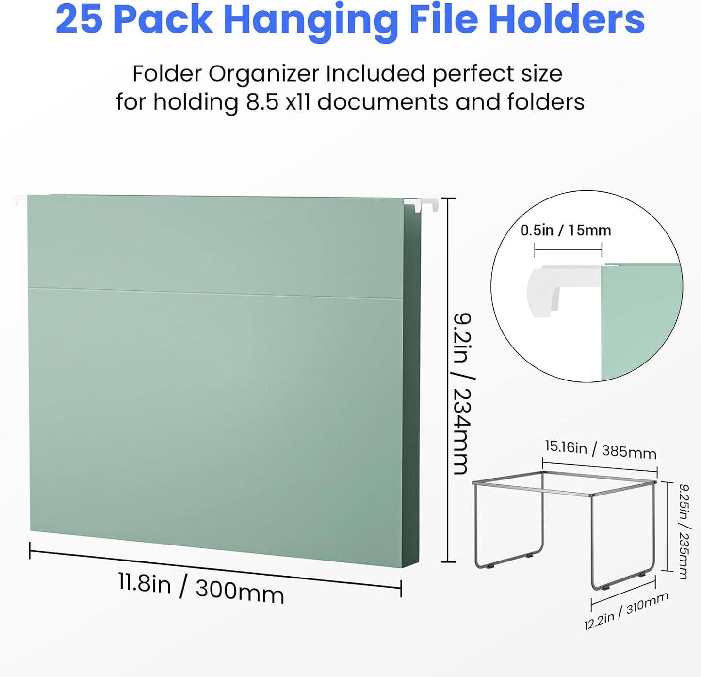 Hanging File Folders Letter Size, Metal File Frame with 25 Pcs Colored Hanging File Folders, 1'' Extension 1/5-Cut Tabs File Organizer Includes Hanging Folders for Desk Office Filing Cabinet