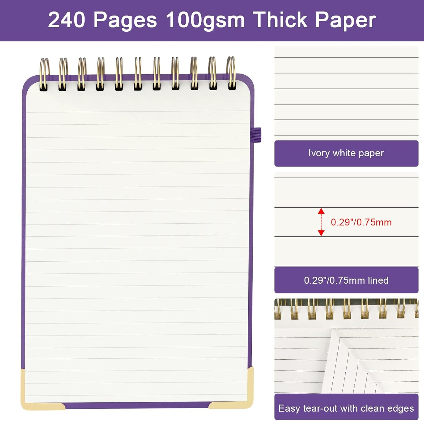 Mousbull A5 Top Spiral Notebook, Large Leather Hardcover Top Bound Steno Pads, 240 Pages 100 gsm Thick Lined Paper Left Handed Notebook Journal for Work, School, Meeting Writing - Purple, 5.9" x 8.5"