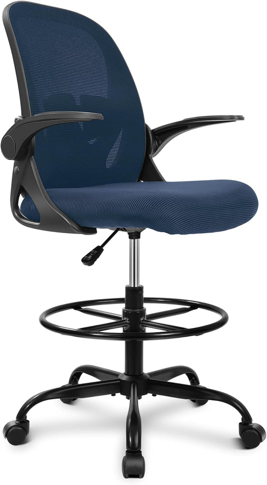 Primy Drafting Chair Tall Office Chair with Flip-up Armrests Executive Ergonomic Computer Standing Desk Chair with Lumbar Support and Adjustable Footrest Ring (Navy)