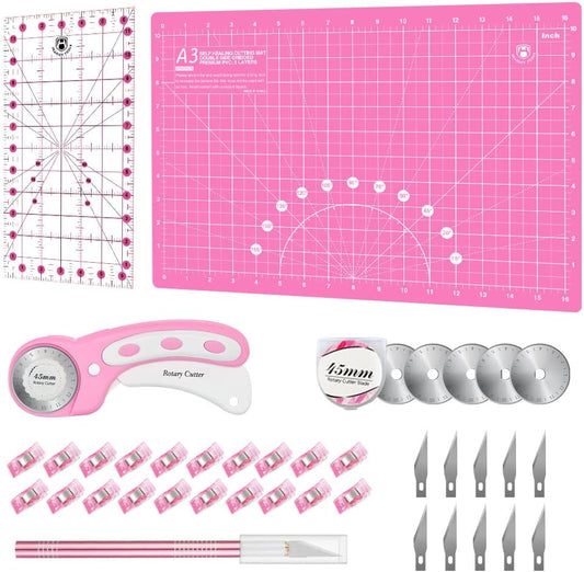 Headley Tools Rotary Cutter Set - 45mm Fabric Cutter, 5 Replacement Rotary Blades, A3 Cutting Mat, Quilting Ruler and Sewing Clips, Craft Knife Set, Ideal for Crafting, Sewing, Patchworking, Pink