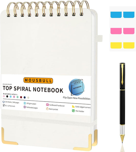 Mousbull Top Spiral Notebook, A5 Hardcover Top Bound Steno Pads, 240 Pages 100gsm College Ruled Left Handed Notebook Journal for Work, School, Meeting Writing - Beige, 5.9" x 8.5"