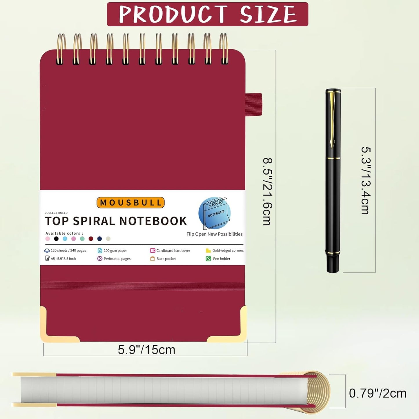 Mousbull Top Spiral Notebook, A5 Hardcover Top Bound Steno Pads, 240 Pages 100gsm College Ruled Left Handed Notebook Journal for Work, School, Meeting Writing - Red, 5.9" x 8.5"