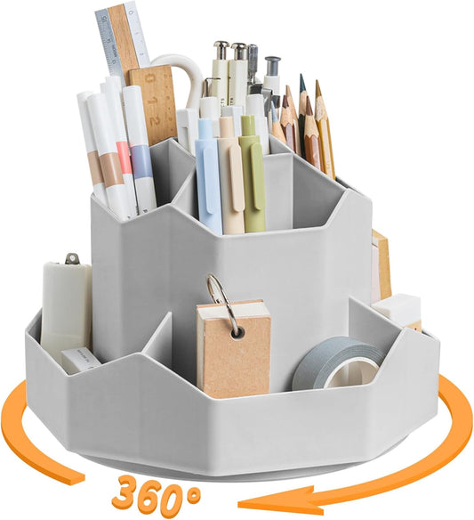 Pencil Pen Holder for Desk,9 Slots 360 Degree Rotating Desk Organizers,Desktop Storage Stationery Supplies Organizer, Cute Pencil Cup Pot For Office, School, Home(Grey)