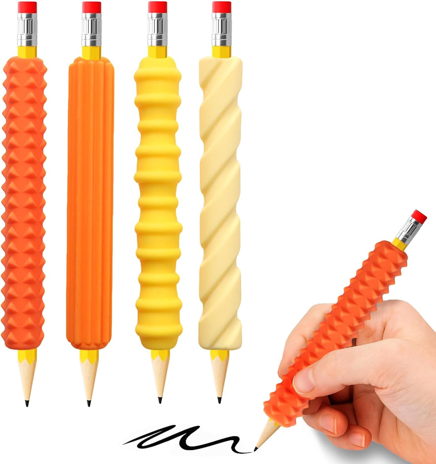 Pencil Grips, 4-Pack Textured Silicone Sleeves for Mechanical Pencils, Sensory Fidget ADHD Tool for Kids and Adults, Quiet Fidget Tools for Classroom Focus, Anxiety Relief (Yellow)