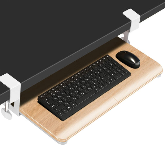 Desktop Keyboard Tray, Under Desk Pull Out, 25.6" X 11.8" Large Size Keyboard Tray with C-Clip Mount, Easy Installation, Computer Keyboard Stand, for Home Study and Office(Wood)