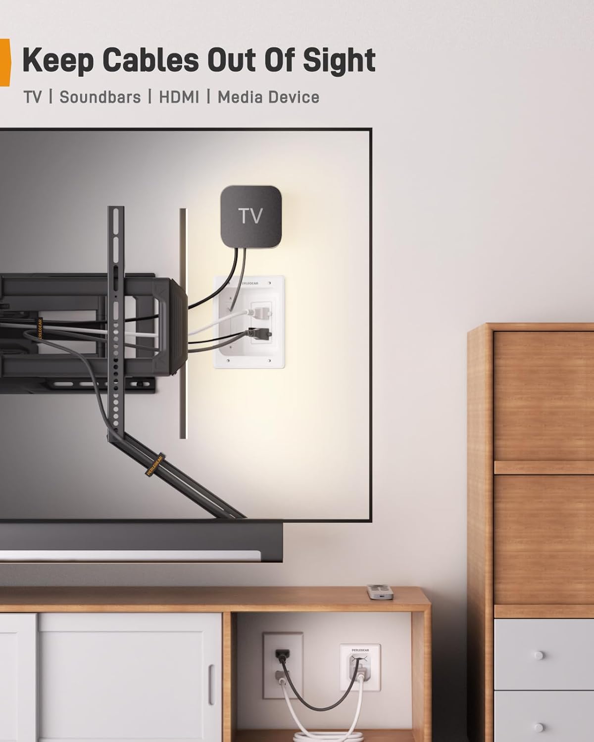 Perlegear TV in-Wall Cable Management Kit, USB and Typ C Ports Cord Hider for Wall Mount TV with Recessed Power, Includes Drill Templates, Dust Bags, Drywall Saw, Extension Cable