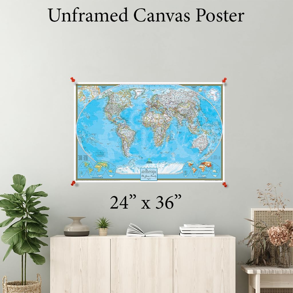 Personalized Canvas Rolled Poster World Map Wall Art with Pins – Large 24" x 36" Classic Map of the World – Push Pin Travel Decor for Home or Office