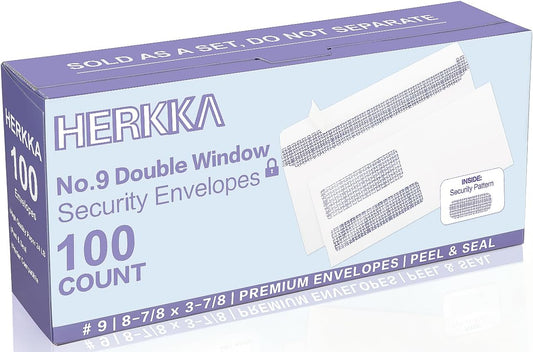 #9 Double Window Security Envelopes, HERKKA No.9 Double Window Business Envelopes Designed for Invoices and Business Statements - Number 9 Size 3 7/8 Inch X 8 7/8 Inch - 24 LB - 100 Pack
