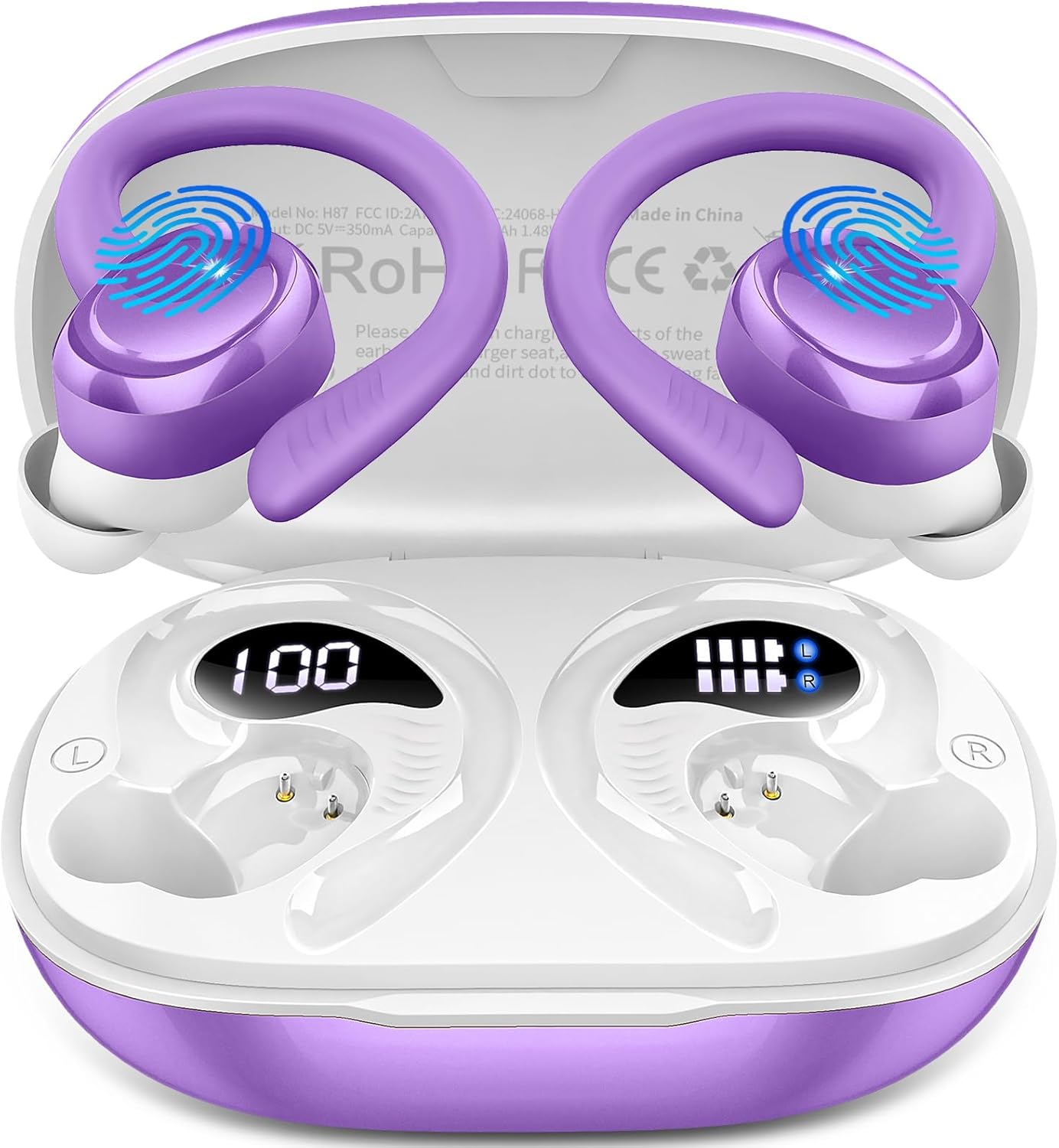 Wireless Earbuds Sport, New Bluetooth 5.4 Headphones with Earhooks, 50H Stereo Deep Bass Over Ear Buds with 4 ENC Noise Canceling Mics, IP7 Waterproof Earphones for Running Workout Gym -Purple