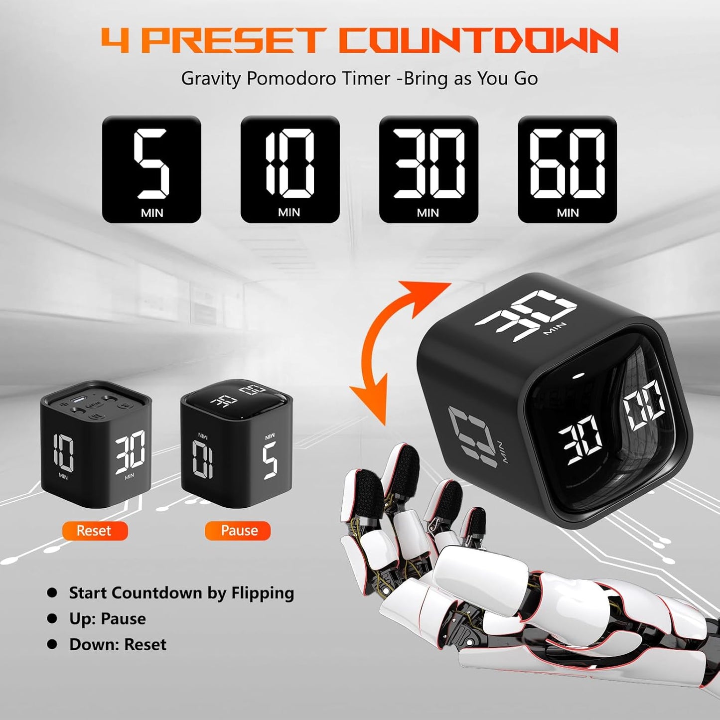 Cube Pomodoro Timer, Desk Productivity Timer 5/10/30/60 Minutes & Custom Countdown, Adjustable & Silent Visual Timer, ADHD Tool Flip Rotating Portable Multi Timers for Study Task Work Kitchen School