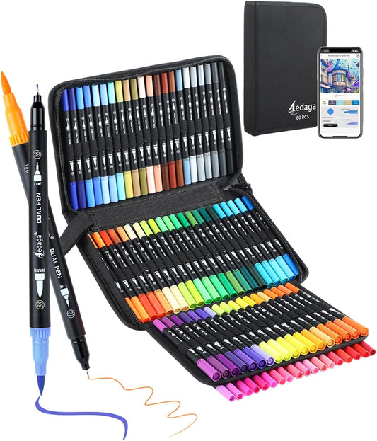 80 Colors Numbered Dual Tip Brush Pens with Free App, Fine and Brush Tips Pens for Adults, Coloring Markers for Coloring Book Bullet Journaling Note Taking Planner Hand Lettering