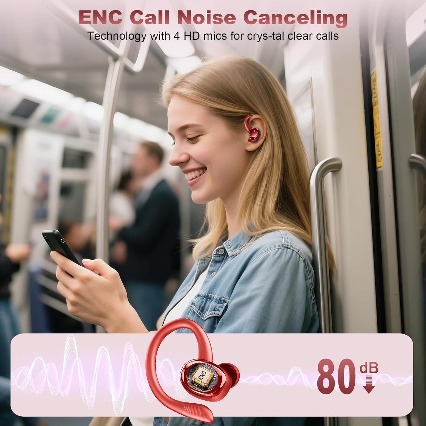 Wireless Earbuds Sport, New Bluetooth 5.4 Headphones with Earhooks, 50H Stereo Deep Bass Over Ear Buds with 4 ENC Noise Canceling Mics, IP7 Waterproof Earphones for Running Workout Gym -Red