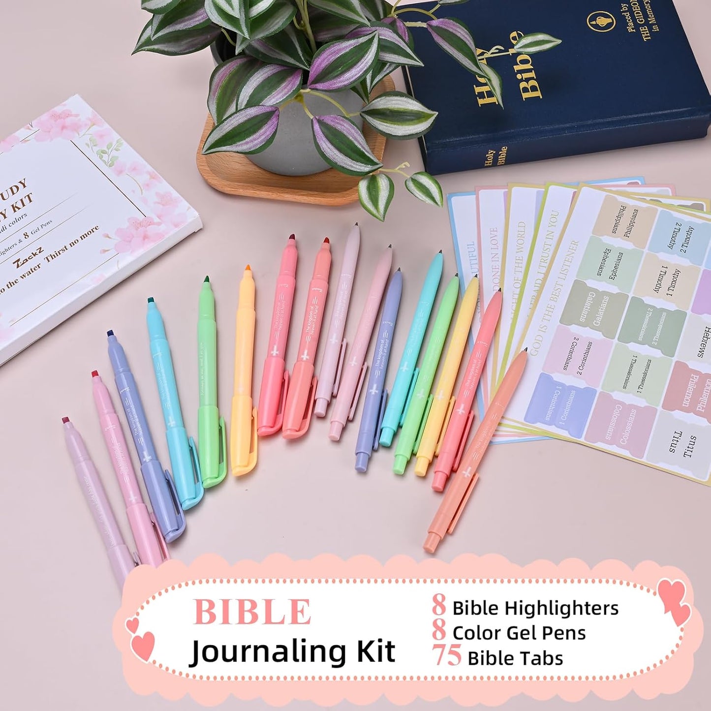 Bible Highlighters Assorted Colors and Gel Pens Set, 8 Pastel Highlighter Markers 8 Colored Ink Gel Pens, 75 Tabs, No Bleed, Quickly Dry for Bible Study, Motivational Gift for Christians