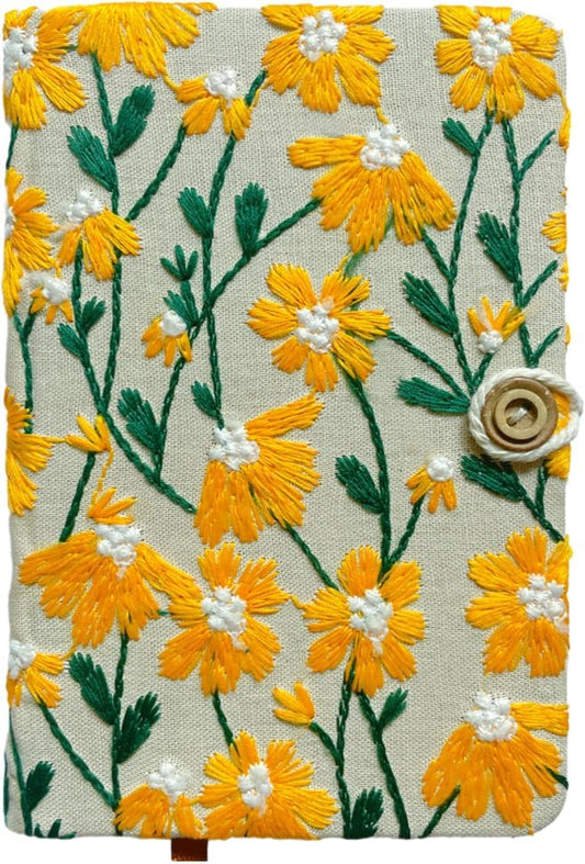 Daisy Gifts for Women, Flower Embroidered Journal, A6 Pocket Sketchbook, Small Unlined Notebook 4x6, Hardcover, Lay Flat, Cute Notebooks, Pretty Journal, Yellow Daisy