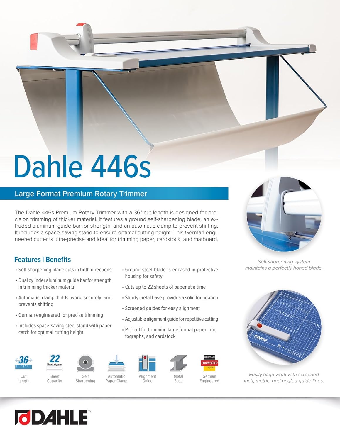 Dahle 446s Premium Rotary Trimmer w/Stand, 36" Cut Length, 25 Sheet Capacity, Self-Sharpening, Automatic Clamp, German Engineered Paper Cutter