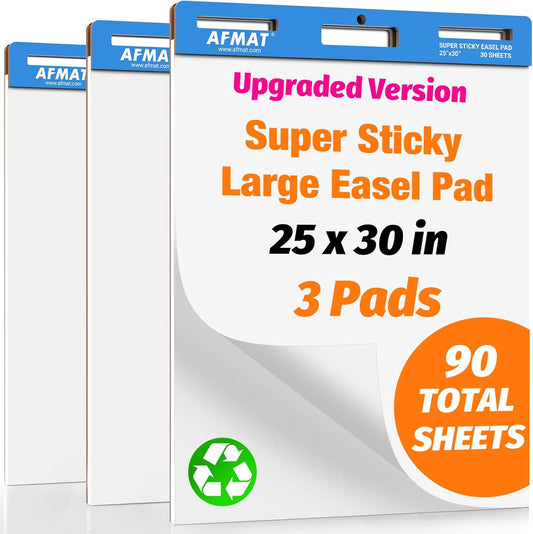AFMAT Sticky Easel Pads, 25 in x 30 in Flip Chart Paper for Teachers, Super Sticky & Bleed-Resistant, Self-Stick Anchor Chart Paper for Office/Classroom/Whiteboard/Wall/Windows, 30 Sheets/Pad, 3 Pads