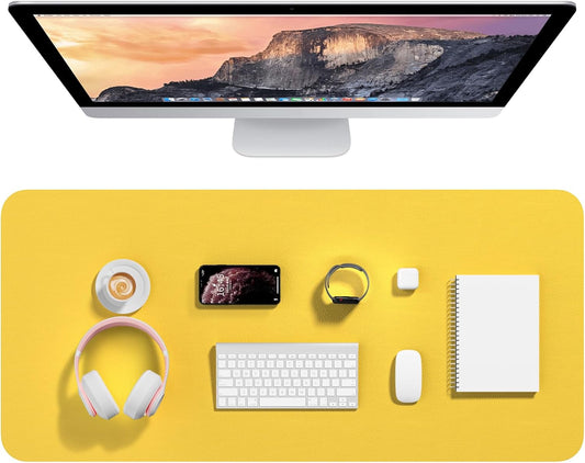 Hsurbtra Desk Pad, 35.5" x 17" PU Leather Desk Mat, XXL Extended Mouse Pad, Waterproof Desktop Blotter Protector, Non-Slip Ultra Thin Large Laptop Keyboard Writing Mat for Office Home, Yellow