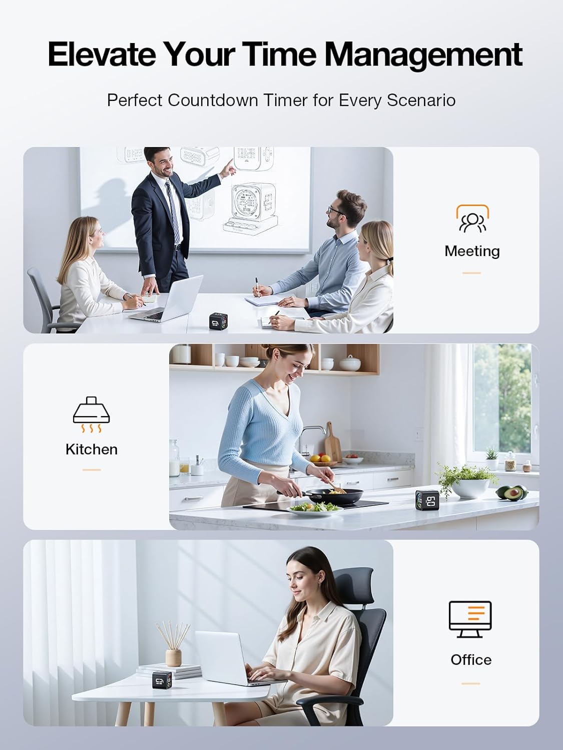 TK3 Pomodoro Timer Cube, Desk Productivity Timer with 5/10/30/60 Min Presets, Custom Countdown, Stopwatch, Clock, 3 Alarm, Silent, Vibrate & Sound Mode, for Task, ADHD, Study, Kitchen (Obsidian Black)